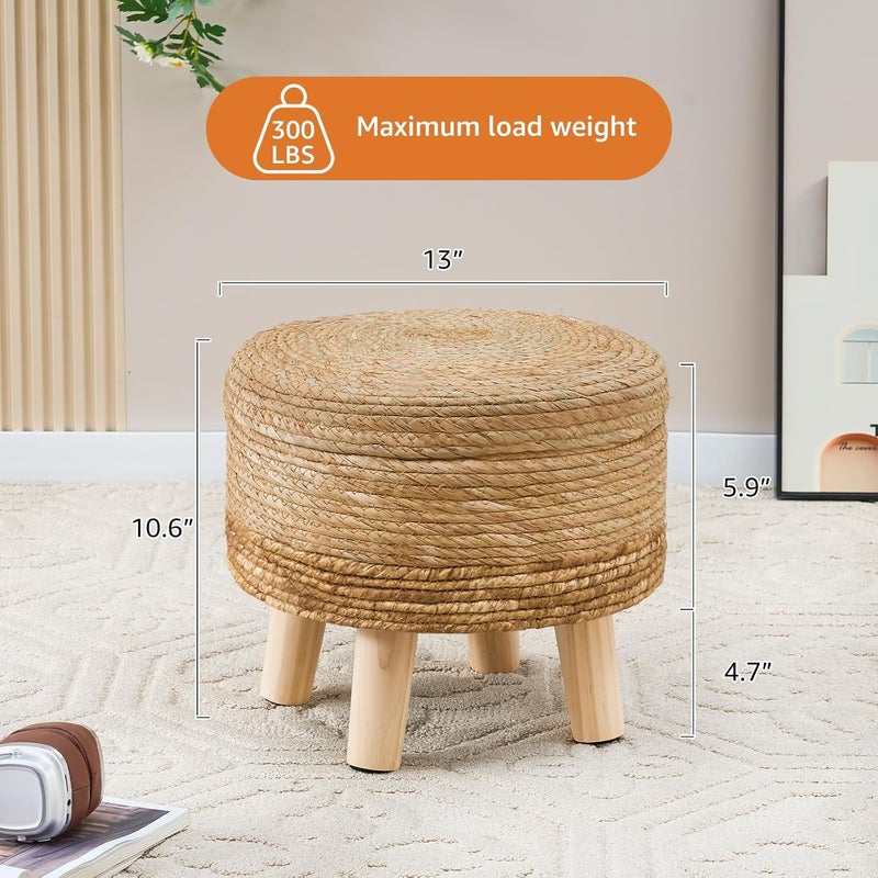 Cpintltr Storage Ottoman Poufs Handwoven Footstool Natural Seagrass Round Footrest Stool with 4 Wood Legs Soft Padded Outdoor Seat for Hallway Lounge Bedroom Garden - Image 3