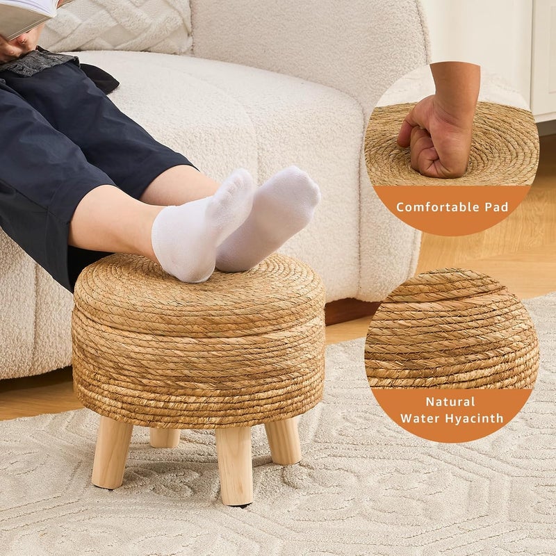 Cpintltr Storage Ottoman Poufs Handwoven Footstool Natural Seagrass Round Footrest Stool with 4 Wood Legs Soft Padded Outdoor Seat for Hallway Lounge Bedroom Garden - Image 4