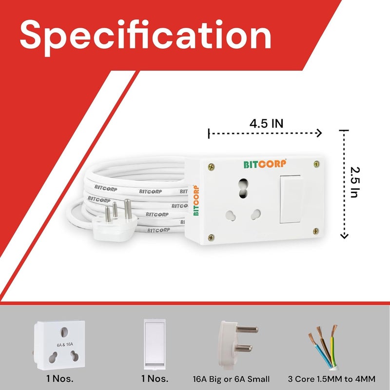 BITCORP Bitcorp Extension Board Heavy Duty Box 15A 16A 20A with Thermal Protection 1 Way Socket 1 Switch 2500W Surge Protection with 4 Meter Long Cable Cord Wall Mount White  - Image 3