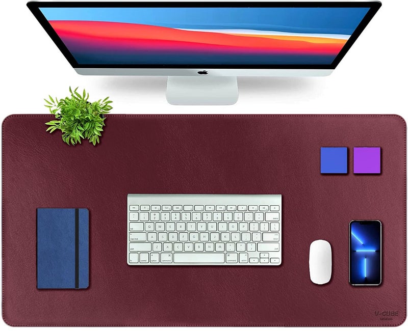 V-CUBE Designs Desk Mat|90X45cm|2.4mm Thick(Padded)|Premium Vegan Leather Laptop Mat/Extended Mouse Pad/Stitched, Reversible, Sturdy Deskspread |High Tear/Peel Strength|Anti-Slip,Splash-Proof| Maroon - Image 1