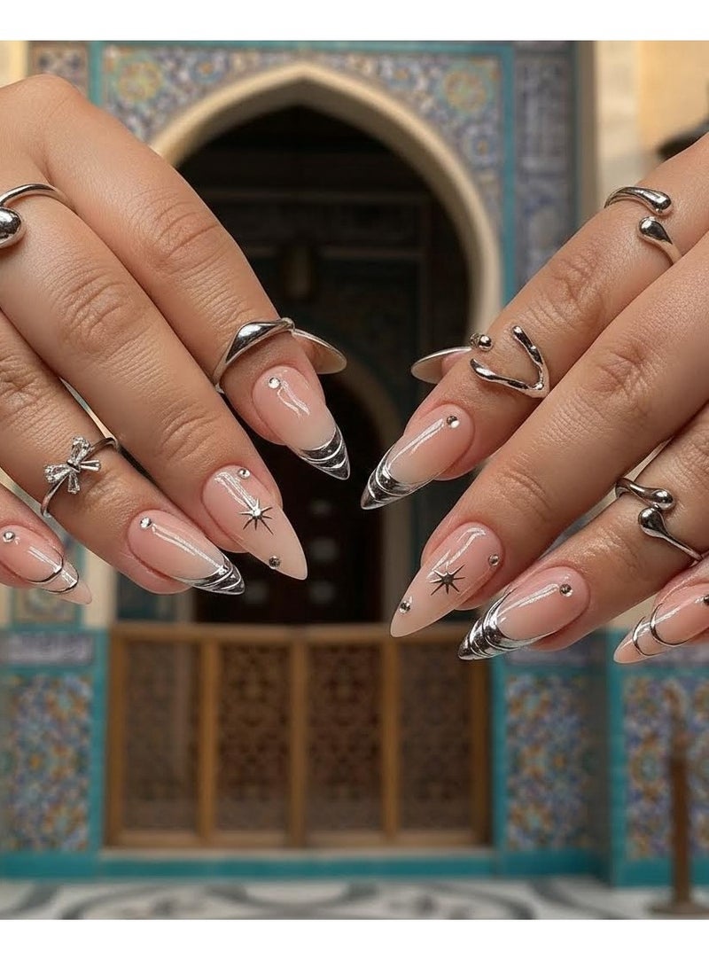 مافيك طقم أظافر تركيب فرنسية 24 قطعة من maffick مع ملقط وعجلة زينة (نجوم وأقمار) - أظافر صناعية متوسطة الطول ([كوفين / مربع]) مع لاصق “سوبر هولد” - مجموعة أظافر مستعارة قابلة لإعادة الاستخدام (بدون صمغ) - Image 1