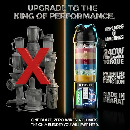 BlendLife BLAZE Portable Blender, Real Mixer Power, Made in Bharat, Patented Pulse Function & Reverse Action, 700ml, 4000mAh Battery, 240W, Inbuilt Sipper & Strainer, 1-Yr Warranty, Onyx Black - Image 4