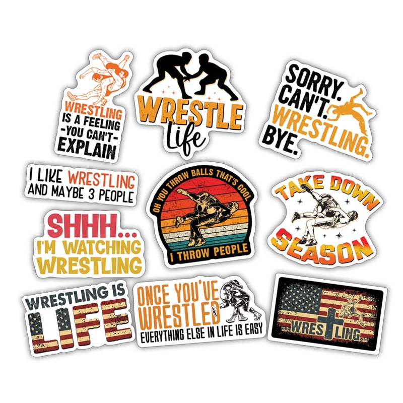 TAYTA 10pcs Wrestling Sticker Sheet, Funny and Cute Vinyl Decals for Wrestlers, Teams, and Coaches, Waterproof, UV-Resistant, for Laptop, Water Bottle, Journal, Locker, Phone Case - Image 1