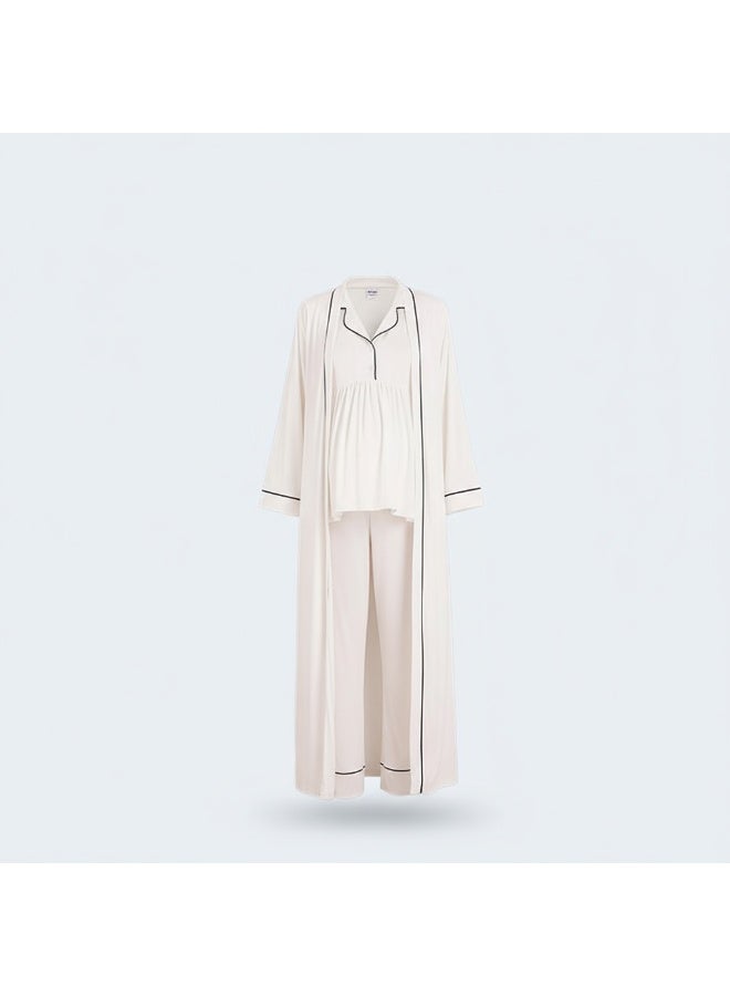 3-Piece Maternity & Nursing Pajama Set with Long Sleeve Top, Adjustable Waist Pants & Short Lace Robe | Cotton Viscose Blend | Made in Turkey - Image 3