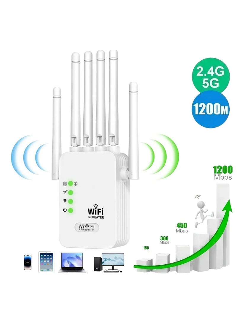 HaDoii Wireless WiFi Signal Repeater, 1200Mbps, 5G/2.4G Dual Band WiFi Wireless Extender with Ethernet Port, Wireless WiFi Booster, One-touch Setting, Plug And Play - White - Image 1