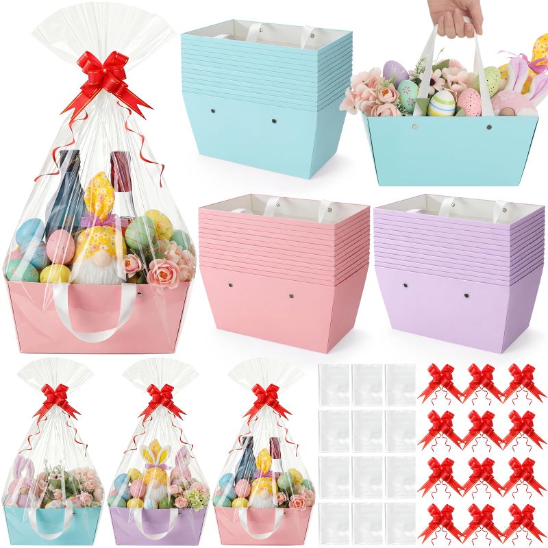 Tuanse 30 Pcs Basket for Gift Empty DIY Bulk Gift Basket Kit with Handle Kraft Cardboard Tray with 30 Bag 30 Bow Market Tray for Wedding PartyPastel98 x 67 x 43 in - Image 2