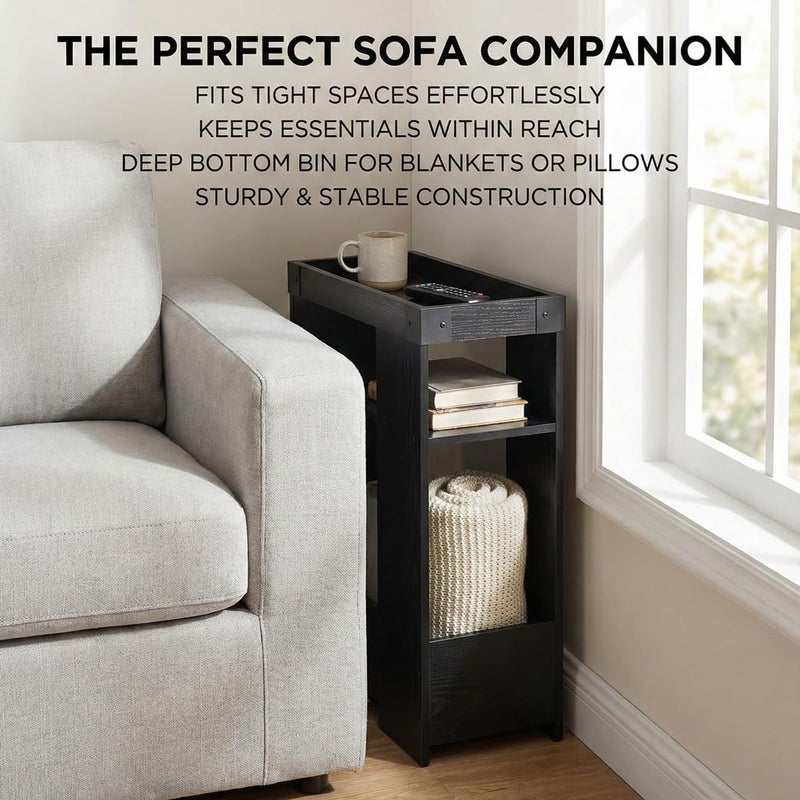 ZEXVIDA Farmhouse Narrow Side Table with Tray Top & Magazine Rack, 24" H Sofa Couch Side Table with Storage Shelf, Slim End Table for Small Spaces, Modern Nightstand for Bedroom, Living Room (Black) - Image 5