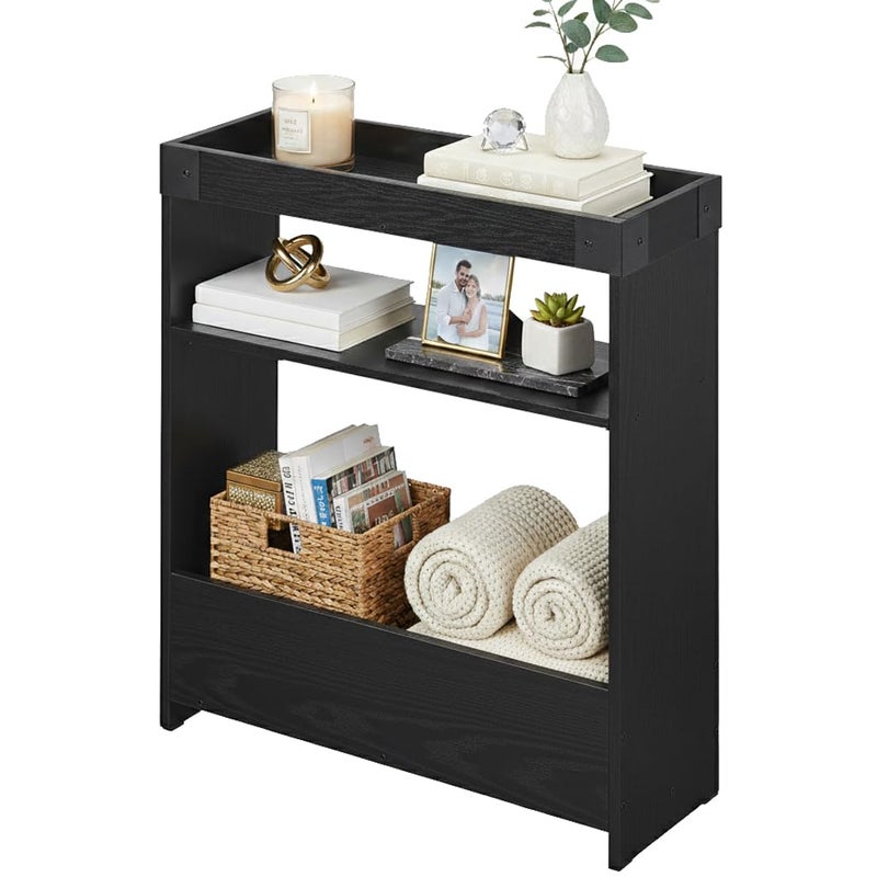 ZEXVIDA Farmhouse Narrow Side Table with Tray Top & Magazine Rack, 24" H Sofa Couch Side Table with Storage Shelf, Slim End Table for Small Spaces, Modern Nightstand for Bedroom, Living Room (Black) - Image 1