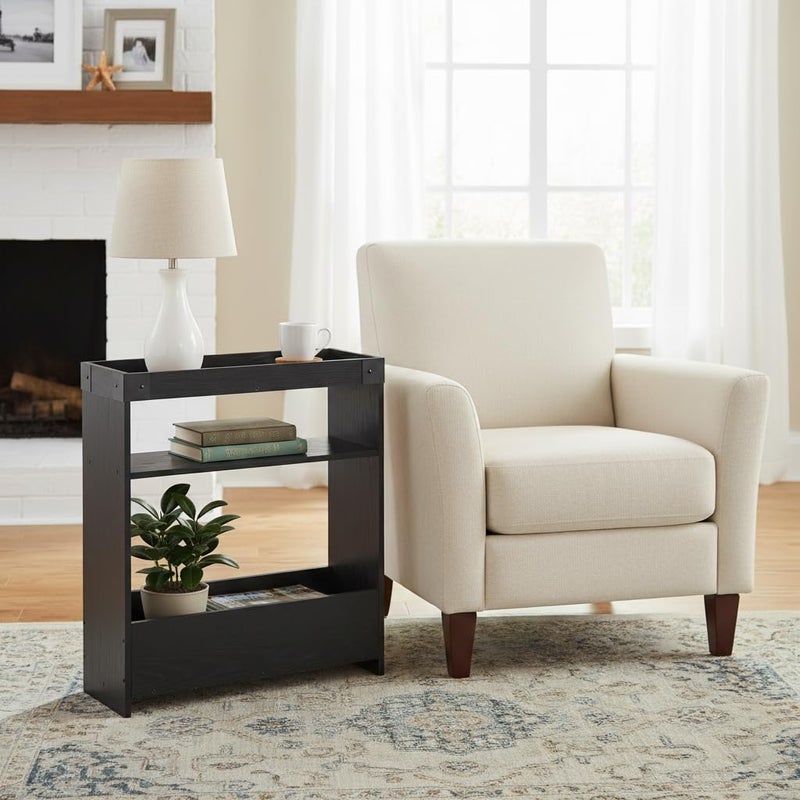 ZEXVIDA Farmhouse Narrow Side Table with Tray Top & Magazine Rack, 24" H Sofa Couch Side Table with Storage Shelf, Slim End Table for Small Spaces, Modern Nightstand for Bedroom, Living Room (Black) - Image 2