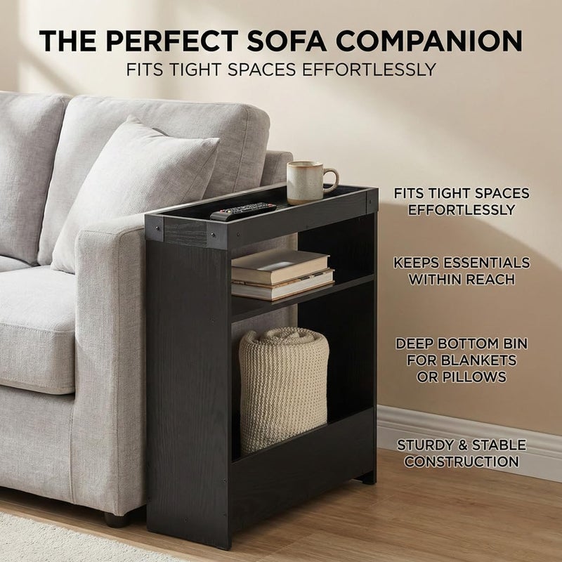 ZEXVIDA Farmhouse Narrow Side Table with Tray Top & Magazine Rack, 24" H Sofa Couch Side Table with Storage Shelf, Slim End Table for Small Spaces, Modern Nightstand for Bedroom, Living Room (Black) - Image 4