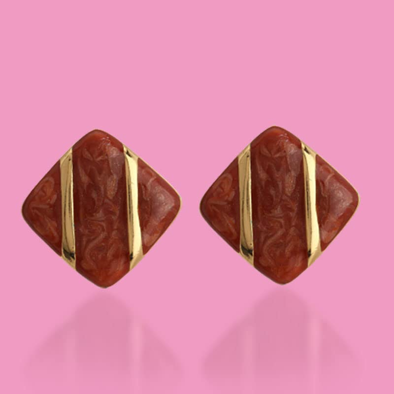 Estele 24Kt Gold Plated Diamond Shaped Stud Earrings With Red Colour Enamel For Girls and Women - Image 3