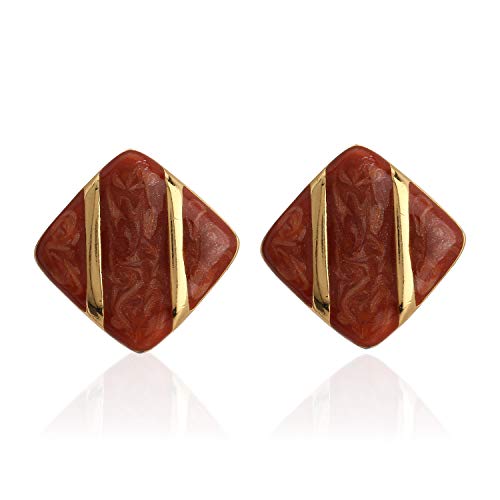 Estele 24Kt Gold Plated Diamond Shaped Stud Earrings With Red Colour Enamel For Girls and Women - Image 1