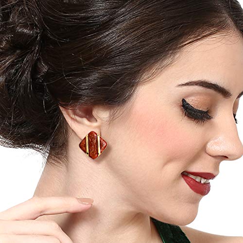 Estele 24Kt Gold Plated Diamond Shaped Stud Earrings With Red Colour Enamel For Girls and Women - Image 2