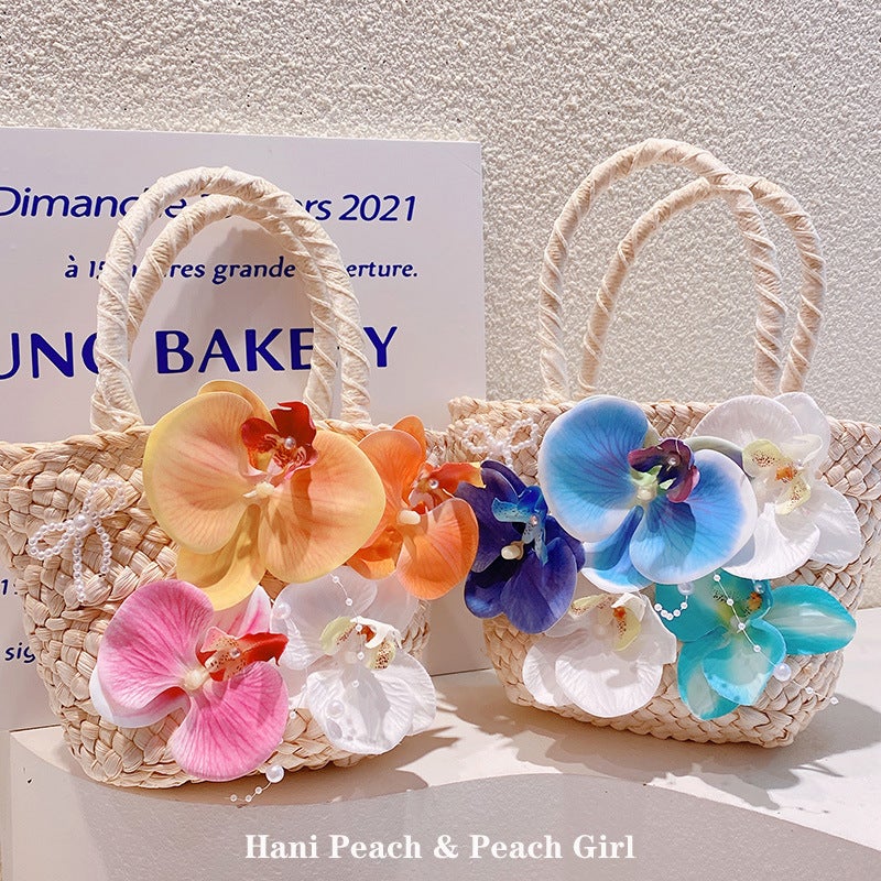 Bohemian Woven Small Handbag with Butterfly Orchid Flowers for Women, Beach Style - Image 1