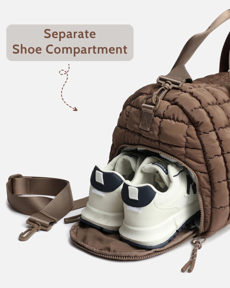 FODOKO Quilted Duffel Bag for Women, Puffer Gym Duffle Bag with Shoe Compartment Lightweight Large Crossbody Sport Bag Travel Tote Brown - Image 5