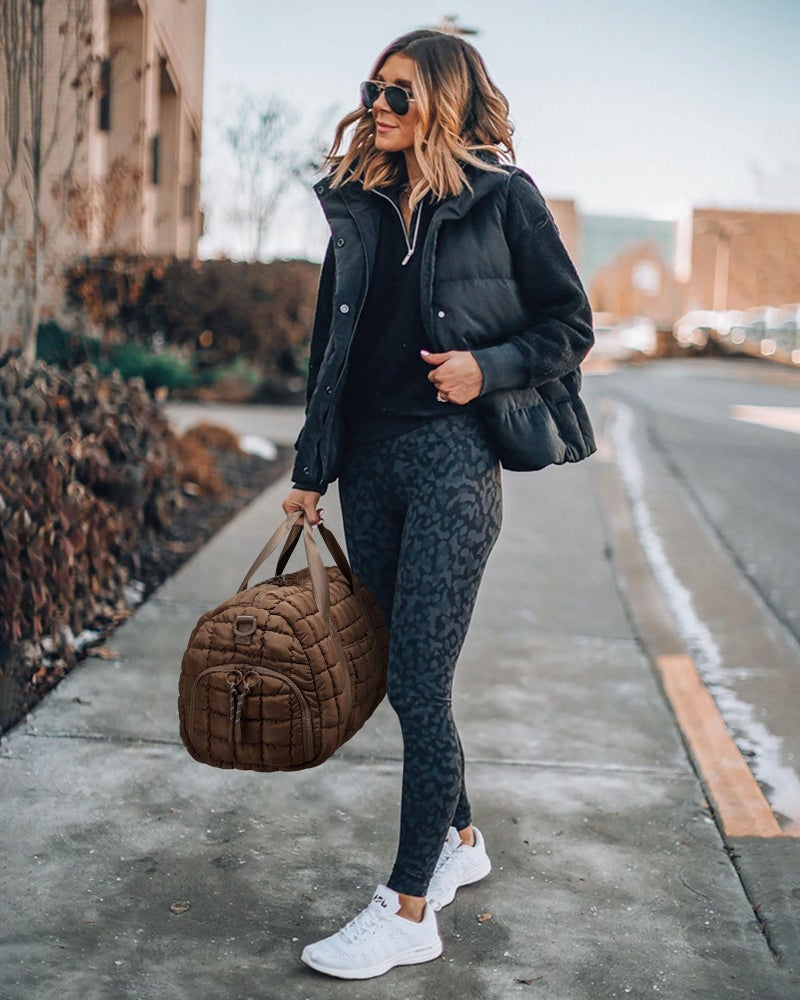 FODOKO Quilted Duffel Bag for Women, Puffer Gym Duffle Bag with Shoe Compartment Lightweight Large Crossbody Sport Bag Travel Tote Brown - Image 2