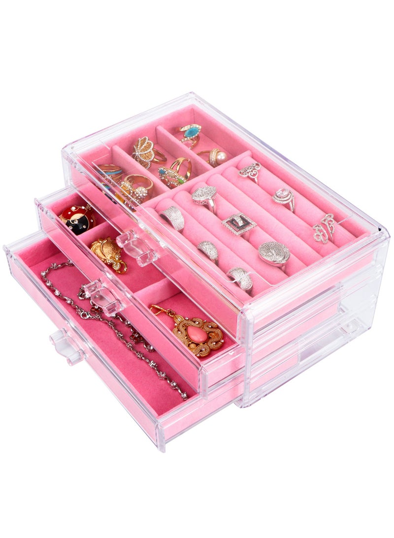 HomarKet Acrylic Jewelry Storage Box Makeup Cosmetic Storage Organizer Box Clear Earring Rings Necklaces Bracelets Display Case with 3 Drawers Adjustable Jewelry Box Velvet Trays Grid - Image 1
