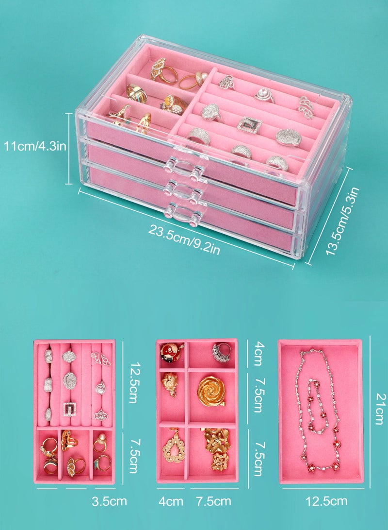 HomarKet Acrylic Jewelry Storage Box Makeup Cosmetic Storage Organizer Box Clear Earring Rings Necklaces Bracelets Display Case with 3 Drawers Adjustable Jewelry Box Velvet Trays Grid - Image 3