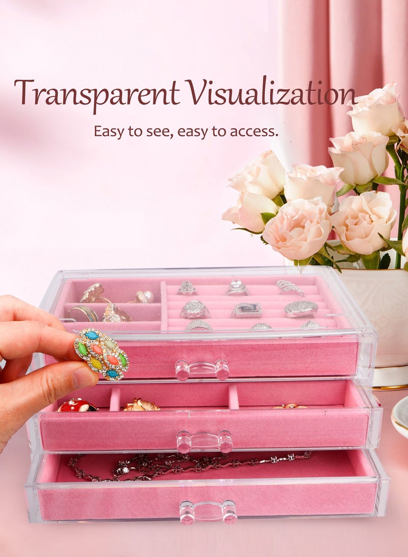HomarKet Acrylic Jewelry Storage Box Makeup Cosmetic Storage Organizer Box Clear Earring Rings Necklaces Bracelets Display Case with 3 Drawers Adjustable Jewelry Box Velvet Trays Grid - Image 2