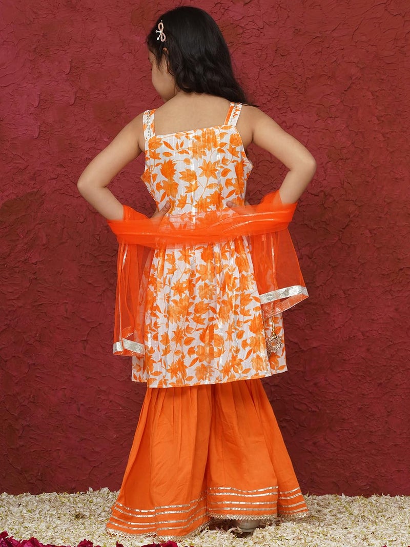AJ DEZINES Kids Cotton Sleeveless Orange Kurta Sharara with Dupatta Set for Girls - Ethnic Wear | Festival Wear - Floral Printed Pattern, Regular Fit (G-1161-ORANGE-16) - Image 2