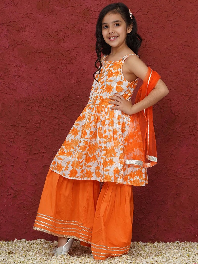 AJ DEZINES Kids Cotton Sleeveless Orange Kurta Sharara with Dupatta Set for Girls - Ethnic Wear | Festival Wear - Floral Printed Pattern, Regular Fit (G-1161-ORANGE-16) - Image 4