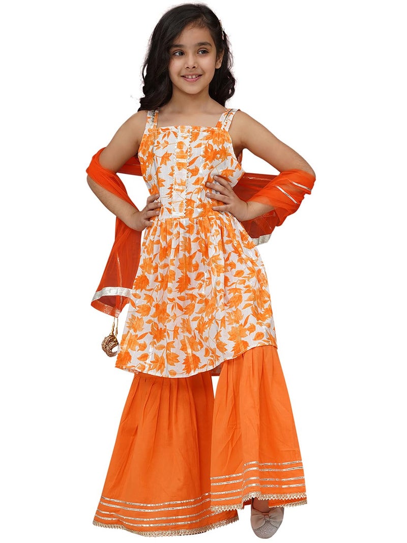 AJ DEZINES Kids Cotton Sleeveless Orange Kurta Sharara with Dupatta Set for Girls - Ethnic Wear | Festival Wear - Floral Printed Pattern, Regular Fit (G-1161-ORANGE-16) - Image 1