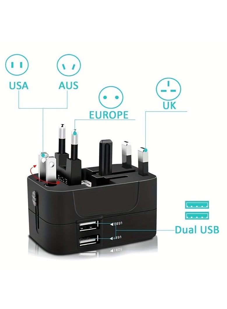 محول سفر عالمي مزود بشاحن USB مزدوج - شاحن حائطي للسفر حول العالم بمنفذي USB لأوروبا/الولايات المتحدة الأمريكية/المملكة المتحدة/أستراليا - تصميم صغير الحجم وشحن سريع - Image 4