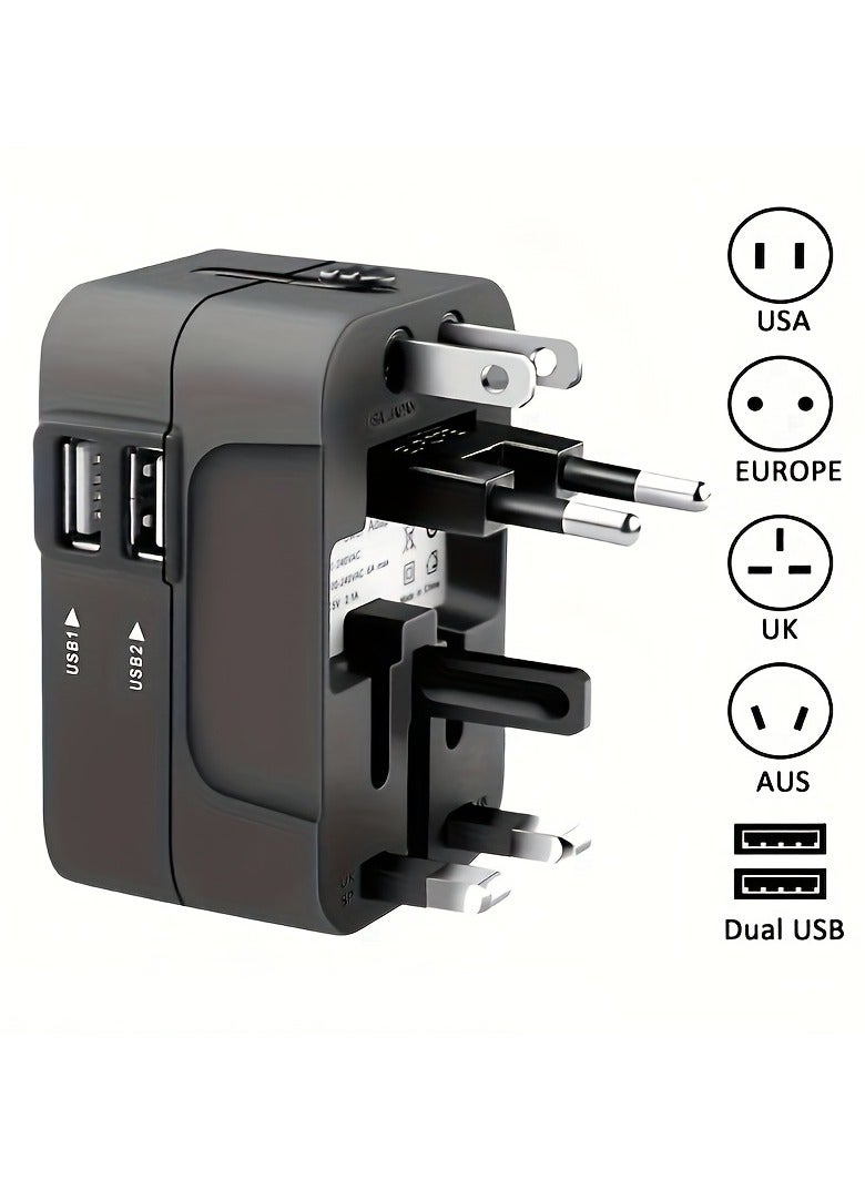 محول سفر عالمي مزود بشاحن USB مزدوج - شاحن حائطي للسفر حول العالم بمنفذي USB لأوروبا/الولايات المتحدة الأمريكية/المملكة المتحدة/أستراليا - تصميم صغير الحجم وشحن سريع - Image 2