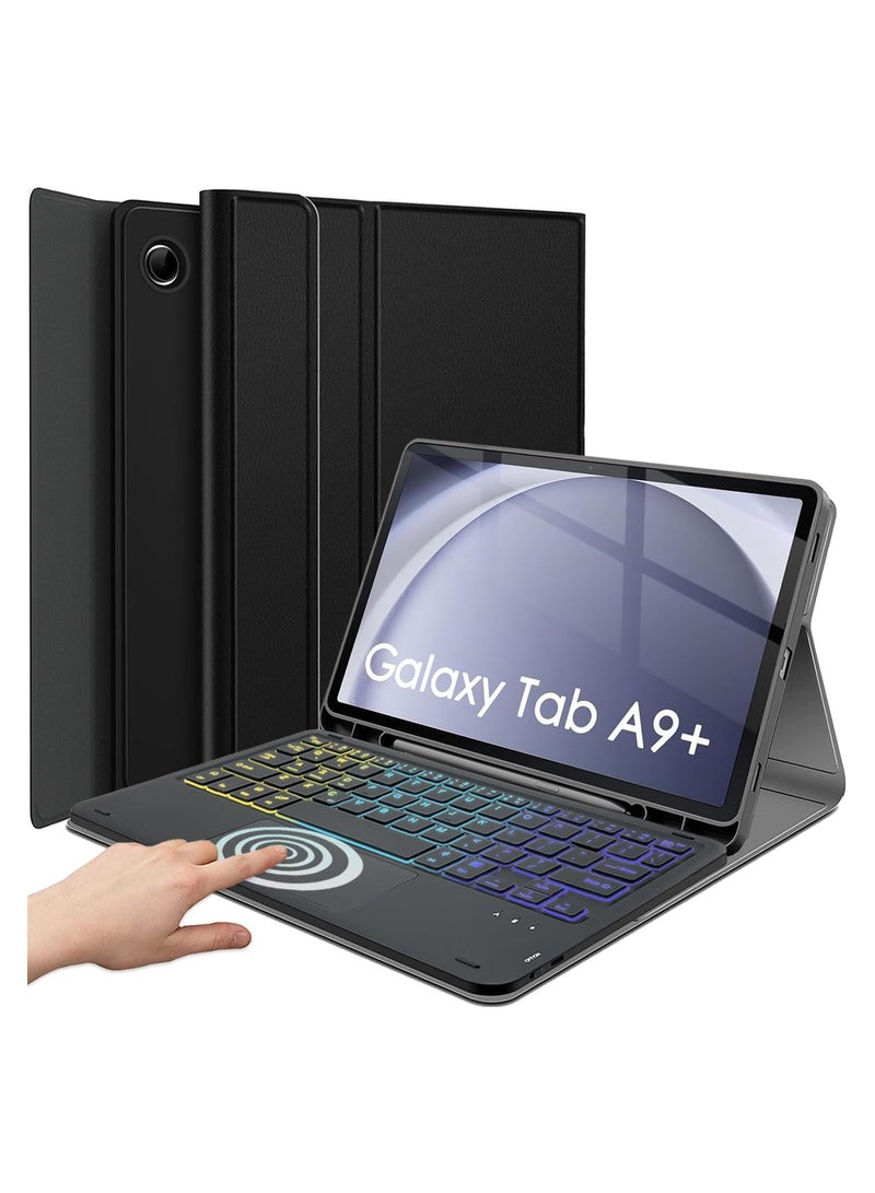 Muzz Arabic and English - Multi-Touch Trackpad -Detachable Wireless-Pen Holder Tablet Keyboard Case for Samsung Tab A9 Plus Black