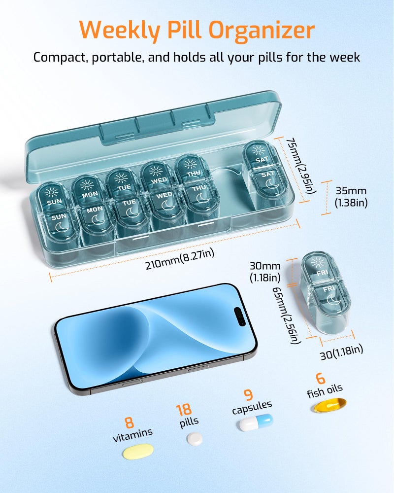Daviky Weekly Pill Organizer 2 Times a Day, 7-Day AM PM Medicine Case, Travel-Friendly Pill Box for Fish Oils, Vitamins & Supplements - Image 2