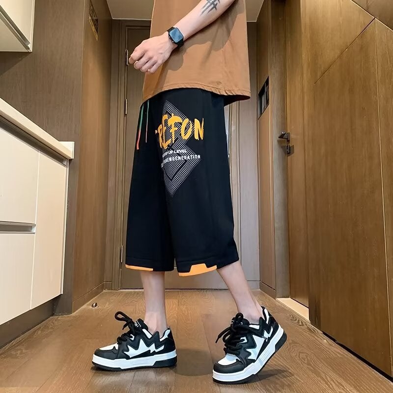 Fake Two-Piece Shorts Men'S Fashionable Casual Cropped Pants Teenagers Straight Loose Printed Cropped Pants - Image 2