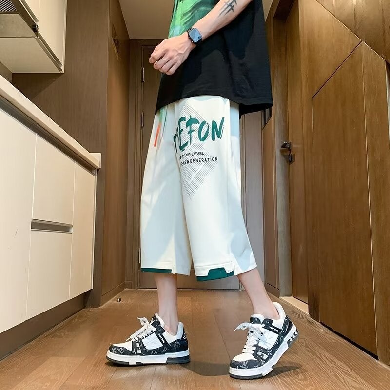 Fake Two-Piece Shorts Men'S Fashionable Casual Cropped Pants Teenagers Straight Loose Printed Cropped Pants - Image 4