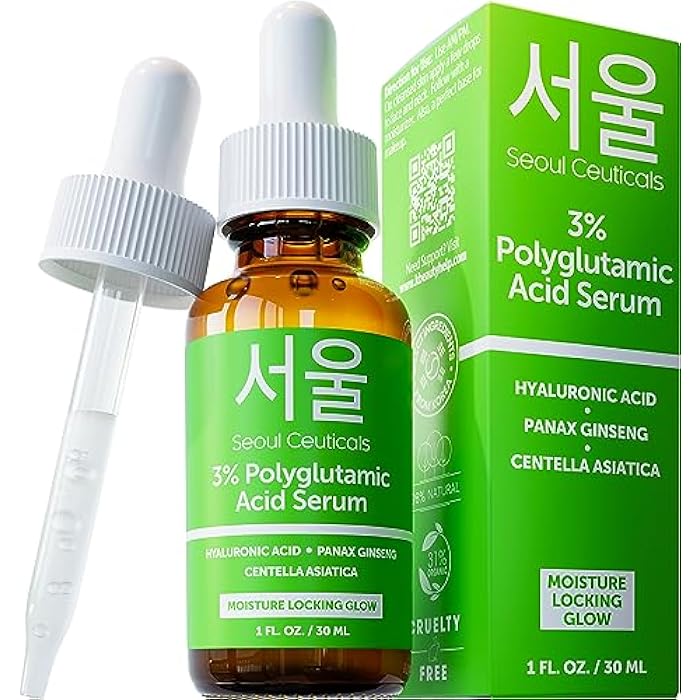 SeoulCeuticals Organic Polyglutamic Acid Serum - Korean Skin Care + Hyaluronic Acid + Centella Asiatica - K Beauty Anti Aging - Healthy Glowing Skin 1oz - Image 1