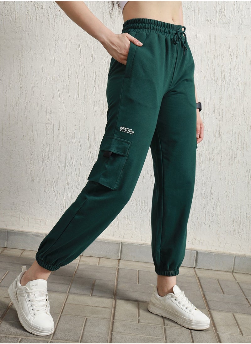 Hubberholme Women's Forest Green High-Rise Typography Printed Cargo Joggers  - Image 2