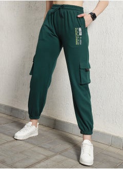 Hubberholme Women's Forest Green High-Rise Typography Printed Cargo Joggers  - Image 5