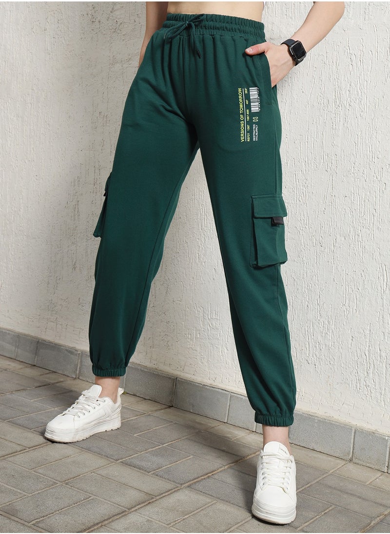 Hubberholme Women's Forest Green High-Rise Typography Printed Cargo Joggers  - Image 5