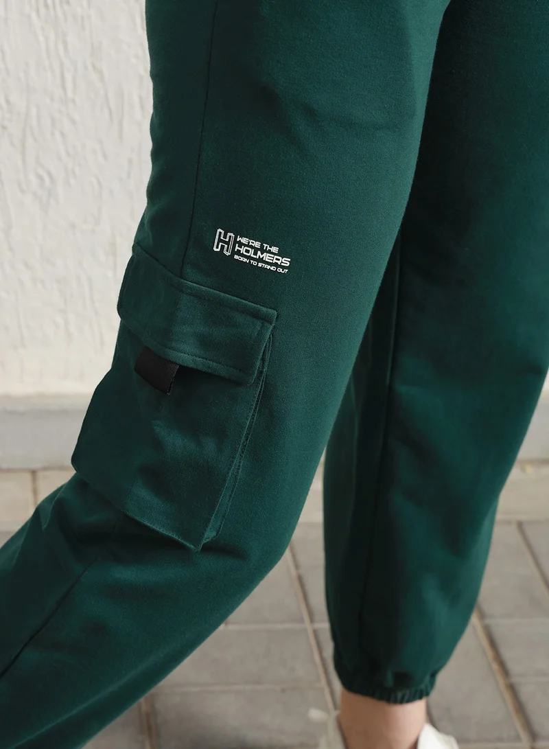Hubberholme Women's Forest Green High-Rise Typography Printed Cargo Joggers