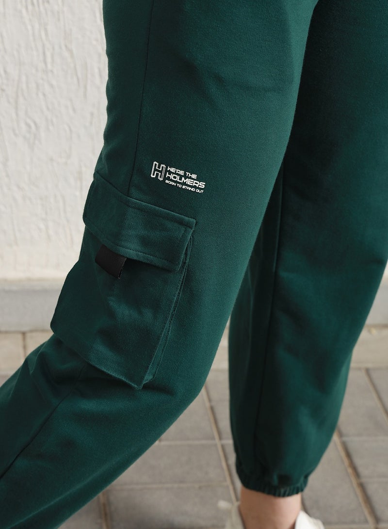 Women's Forest Green High-Rise Typography Printed Cargo Joggers