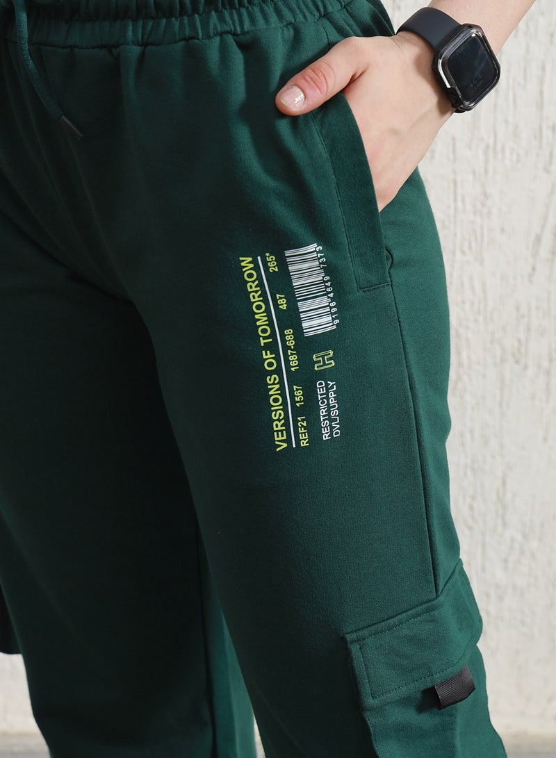 Women's Forest Green High-Rise Typography Printed Cargo Joggers