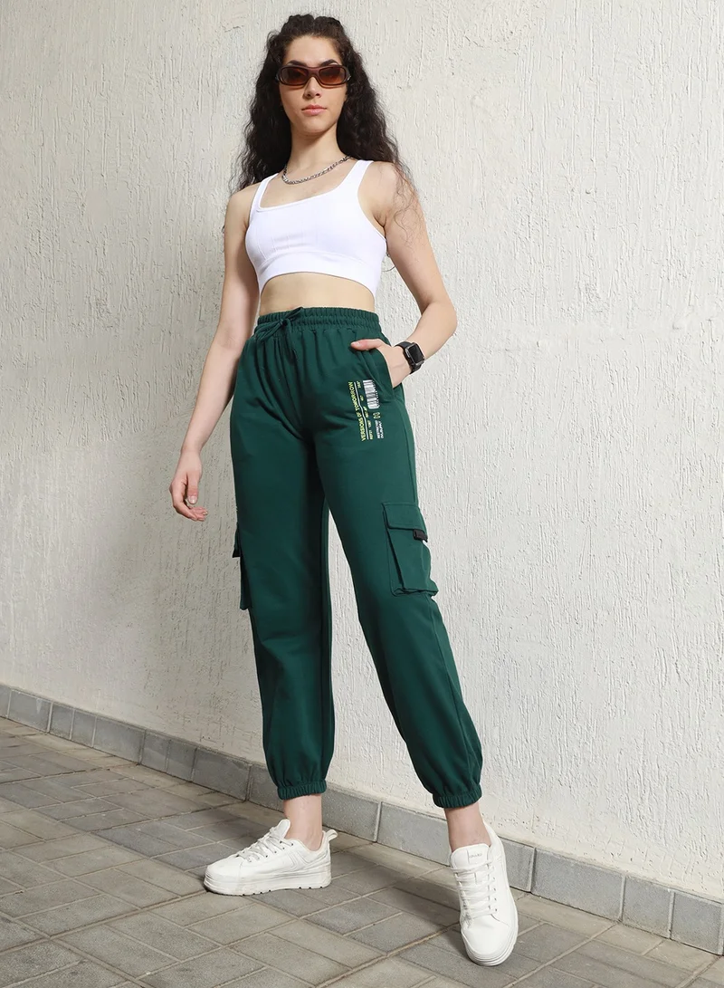 Hubberholme Women's Forest Green High-Rise Typography Printed Cargo Joggers