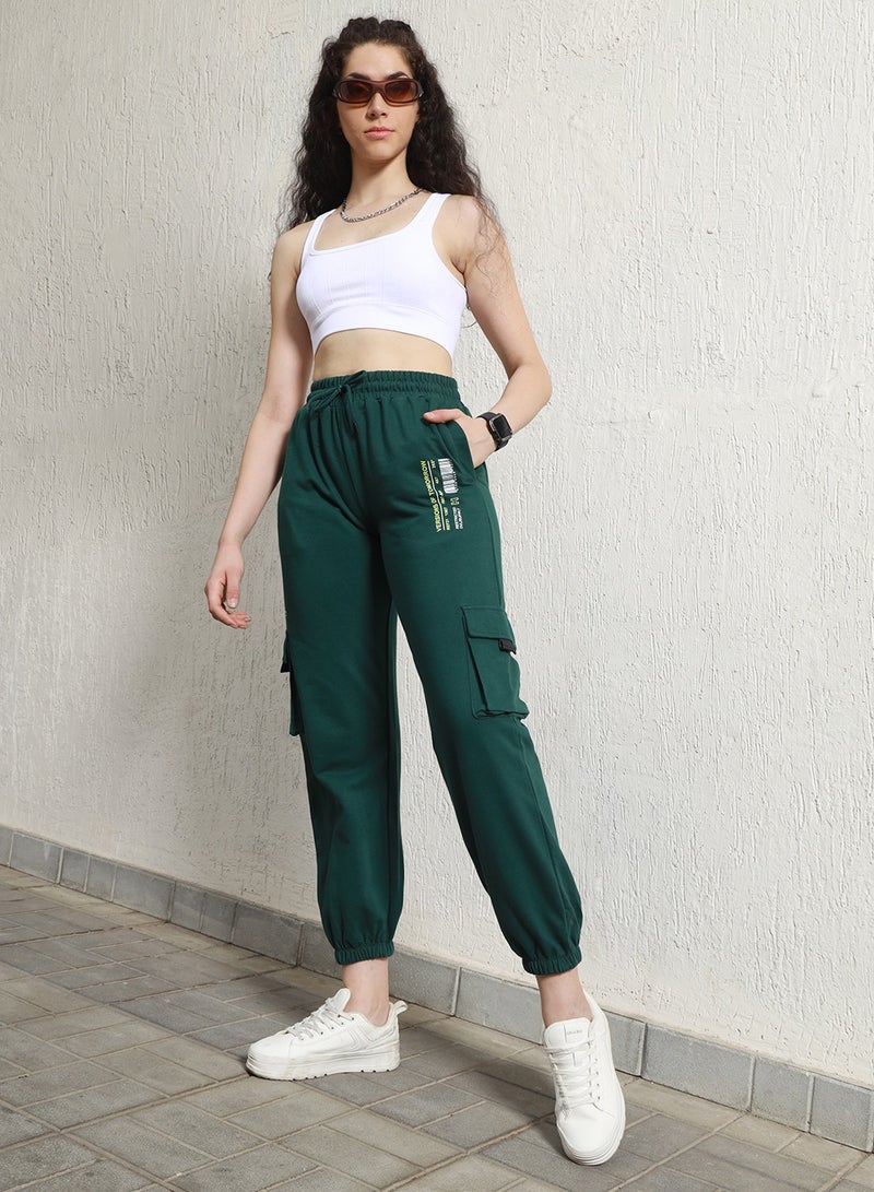 Women's Forest Green High-Rise Typography Printed Cargo Joggers