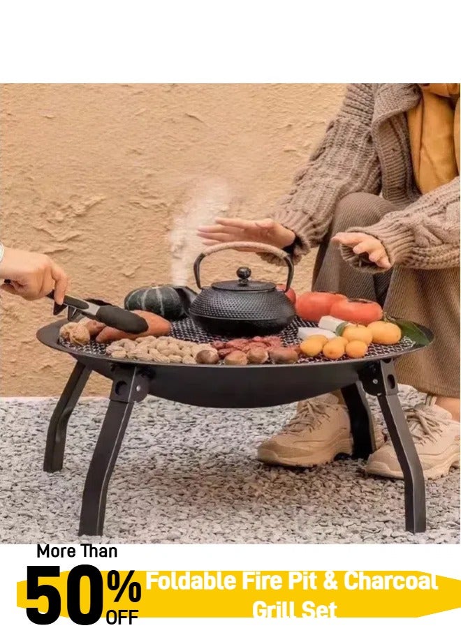 رفيق الرحلة  شواية منصة قابلة للطي ثنائية الوظائف لحرق النار والشواء بالفحم – مجموعة مناسبة لل camping والشواء في الحديقة المحمولة (أبعاد 55×55×43 سم) - Image 1