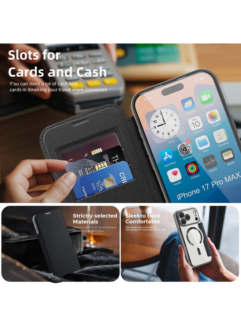X-level for iPhone 17 Pro Max Case 6.9" 2025, Clear Back Flip Wallet Case with RFID Blocking Card Slots & Camera Lens Protector, Compatible with MagSafe, PU Leather Protective Fold Cover with Stand, Black - Image 4