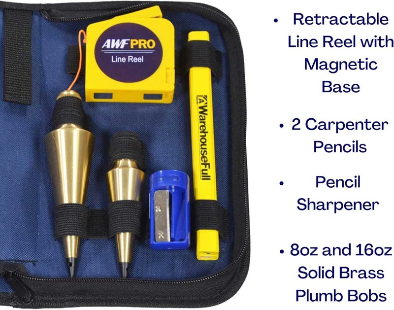 AWF PRO Store Plumb Bob Kit - 16 oz and 8 oz Solid Brass Plumb Bobs, 14 ft Retractable Line Reel with Magnetic Base, 2 Pencils, Pencil Sharpener, Carrying Case - Image 3