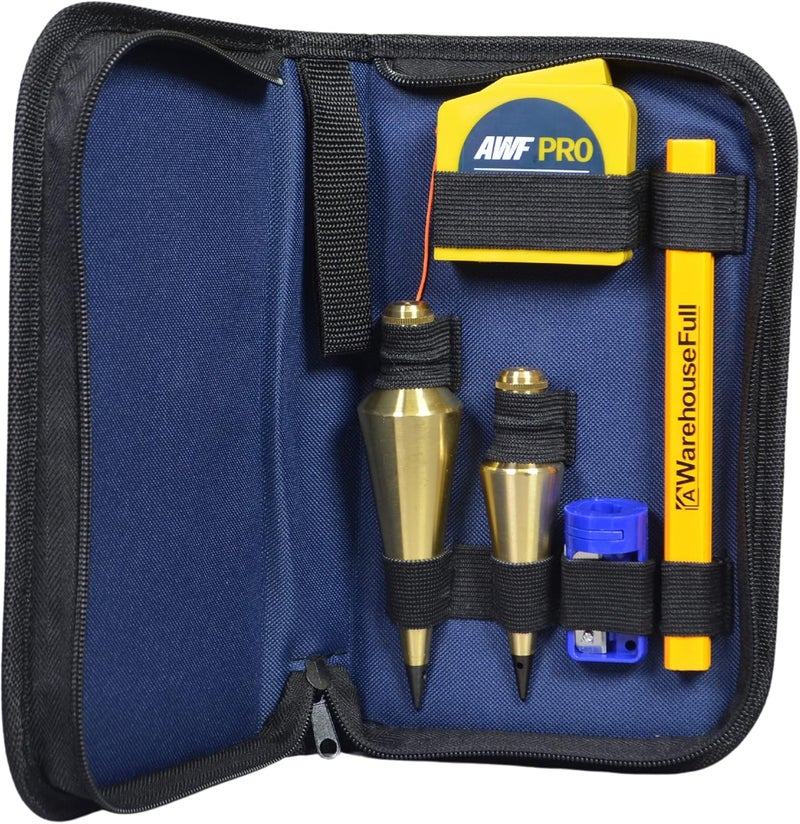 AWF PRO Store Plumb Bob Kit - 16 oz and 8 oz Solid Brass Plumb Bobs, 14 ft Retractable Line Reel with Magnetic Base, 2 Pencils, Pencil Sharpener, Carrying Case - Image 1