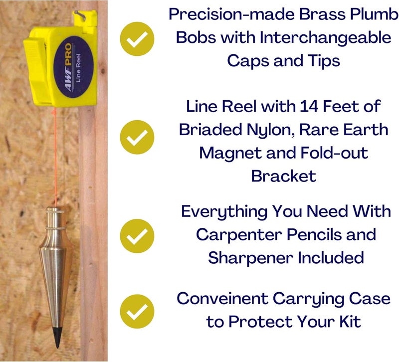 AWF PRO Store Plumb Bob Kit - 16 oz and 8 oz Solid Brass Plumb Bobs, 14 ft Retractable Line Reel with Magnetic Base, 2 Pencils, Pencil Sharpener, Carrying Case - Image 2