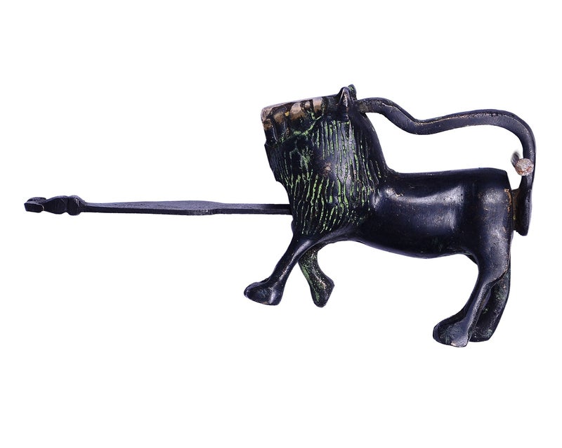 Purpledip Brass Antique Finish Lock (Padlock) & Push Key: Unique Lion Design (10365) - Image 3
