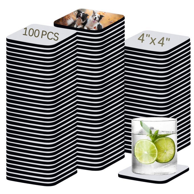 100 PCS Sublimation Blank Cup Coasters Bulk 4x4 Inch Square Blank Cup Mat Rubber for Sublimation Transfer Heat Press Printing DIY Crafts