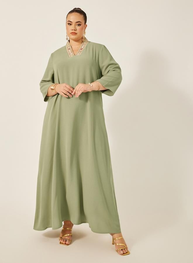 Styli Plus Size Embellished V-Neck Jalabiya  - Image 1