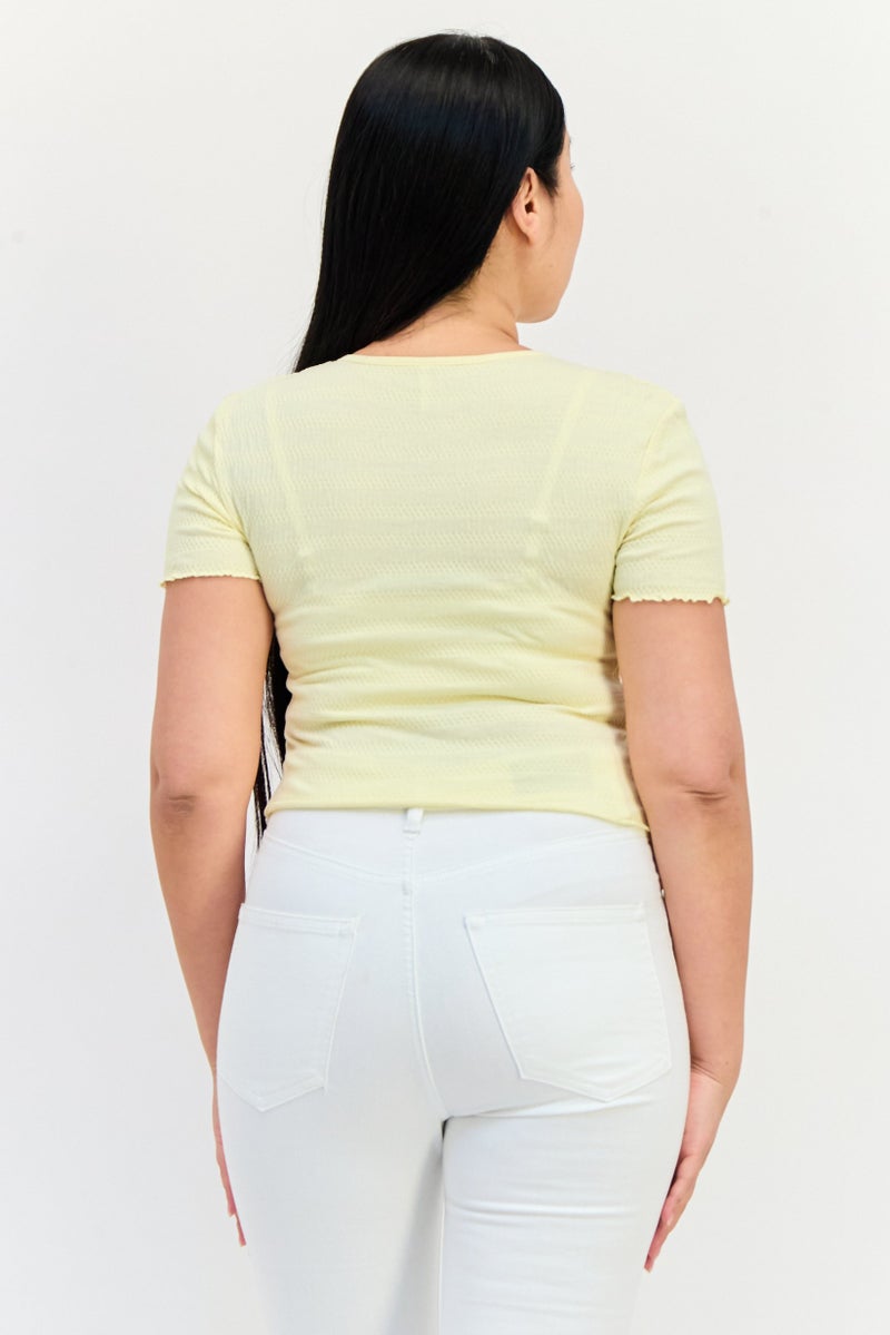 ONLY Women Round Neck Short Sleeve Textured Crop Top, Light Yellow - Image 3